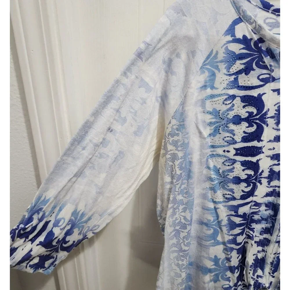 Chico's Women's 3/4 Sleeve’s‎ Embellished Tie Front Blouse Top Blue Size 2 (L)